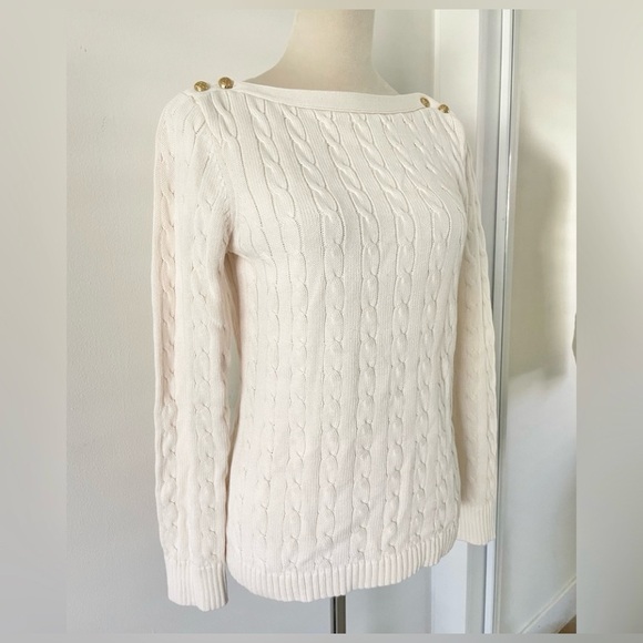 Lauren Ralph Lauren Sweaters - Lauren Ralph Lauren Cable Knit Sweater Gold‎ Button Shoulder Detail Cream L